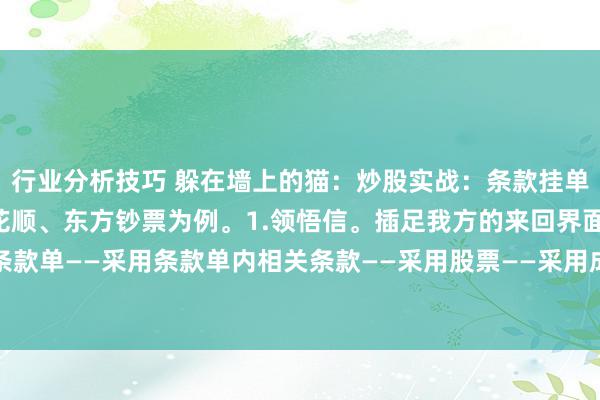 行业分析技巧 躲在墙上的猫：炒股实战：条款挂单的配置！以领悟信、同花顺、东方钞票为例。1.领悟信。插足我方的来回界面，采用云条款单——采用条款单内相关条款——采用股票——采用成交时刻、股价等。2.同花顺。翻开...